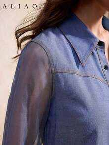 Camisa de mujer ALIAO moderna, elegante, sofisticada y versátil para el trabajo y el día a día. Textura de efecto de mezclilla con parches de malla de alta calidad, transpirable y de doble botonadura, adecuada para todas las estaciones. - azul real - Ver 3