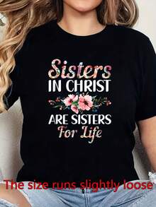 Camiseta Estampada para Mujer - Camiseta Casual de Manga Corta y Cuello Redondo en Color Negro con Diseño Floral Hermanas en Cristo, con Corte Relajado para Todas las Estaciones, Perfecta para Uso Diario y Atuendos de Vacaciones (Lavable aáquina). - Negro - Ver 1