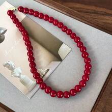 1pc New Red Round Glass Beaded Necklace, Vintage Chinese Style Ingot Clasp Choker, Minimalist Versatile Necklace Accessory - Red - View 14