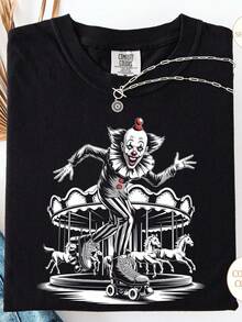 Camiseta de Halloween con payaso espeluznante, estilo circo de terror vintage, 220 g, de algodón puro unisex, peso ideal para todas las estaciones, apta tanto para hombres como para mujeres. Tejido duradero de alta calidad, suave al tacto y de larga duración. Prenda transpirable, ideal para usar en otoño y en vacaciones. - Negro - Ver 1