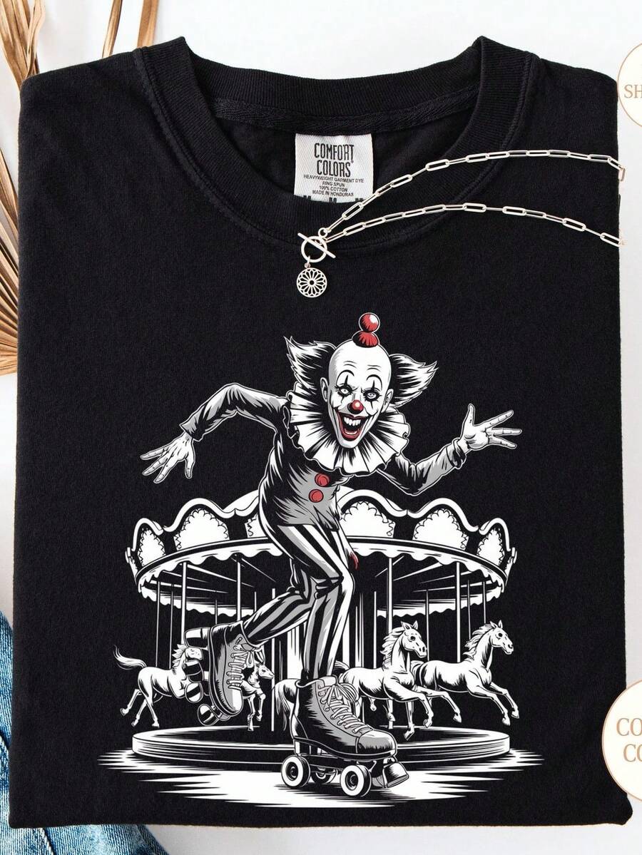Camiseta de Halloween con payaso espeluznante, estilo circo de terror vintage, 220 g, de algodón puro unisex, peso ideal para todas las estaciones, apta tanto para hombres como para mujeres. Tejido duradero de alta calidad, suave al tacto y de larga duración. Prenda transpirable, ideal para usar en otoño y en vacaciones. - Negro - Ver 1