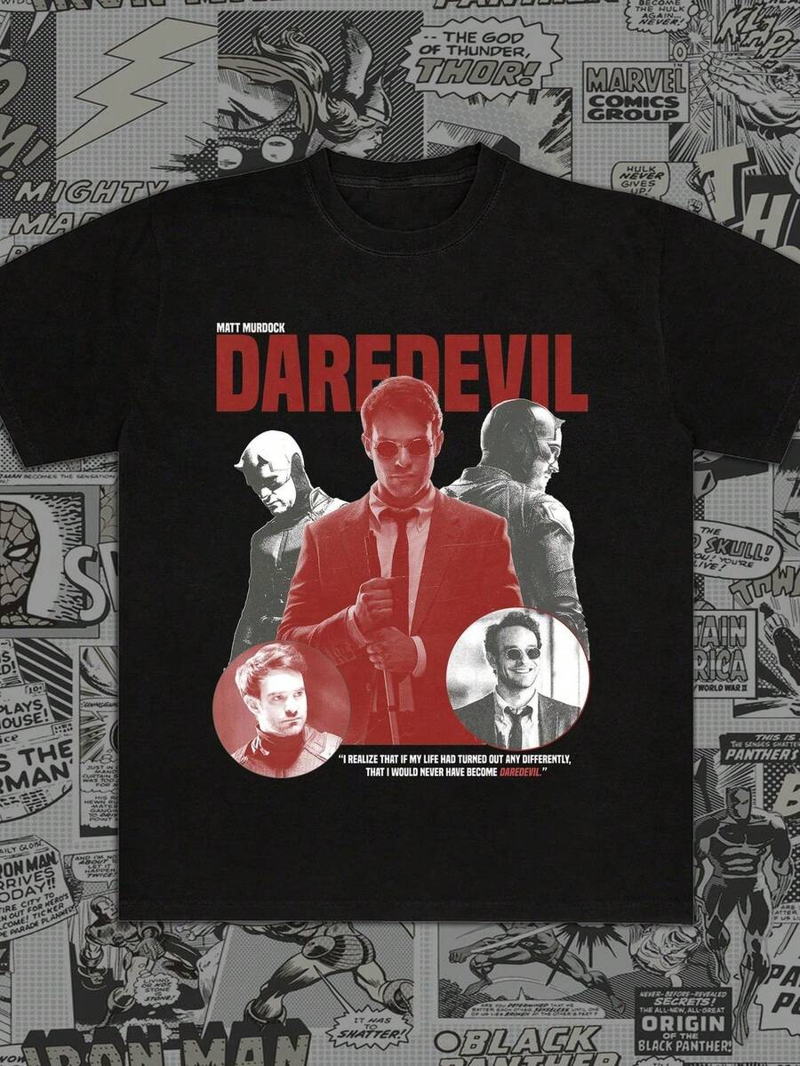 Camiseta de Daredevil, Matt Murdock Comic T1EE, regalo para fans del MCU. Camiseta unisex de algodón puro de 220 g, peso ideal para todas las estaciones, apta tanto para hombres como para mujeres. Tejido duradero de alta calidad, suave al tacto y de larga duración. Prenda transpirable, ideal para usar en otoño y en vacaciones. - Negro - Ver 1