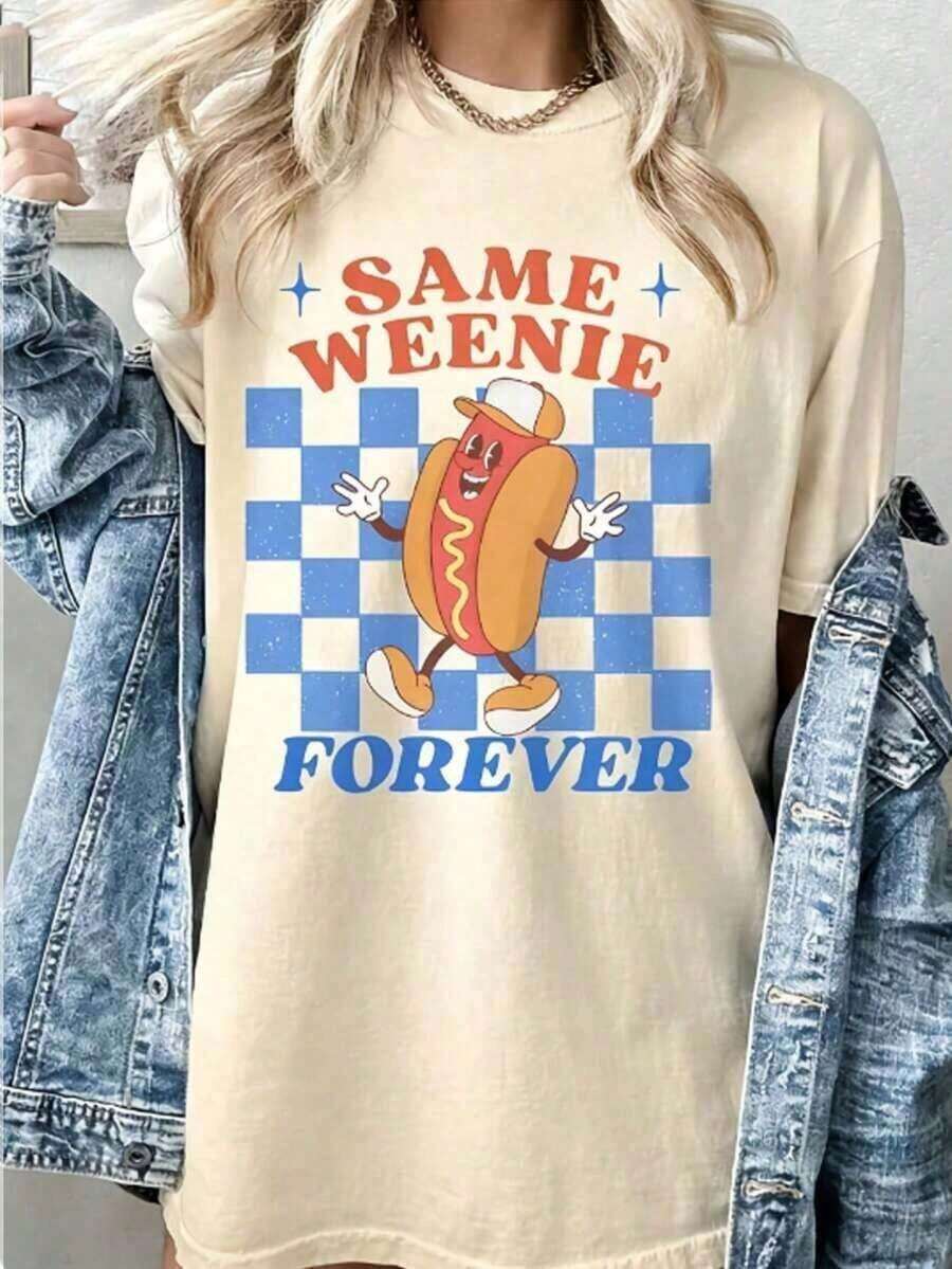 Camiseta Casual de Manga Corta para Vacaciones de Verano para MujerDivertidoSolteraFiestaCamisa-IgualWeeniePara siempreHotdogGráficoTee-VintageAños 90Y2KRetroCamiseta-SuaveCuello redondoSuperiorParaSolteraFiestaConjuntos de ropaHalloweenDisfraces-MáquinaLavableInformalVerano&OtoñoRopa-DivertidoRegaloParaMujeres,SolteraFiestaDecoraciones,JuguetónDiseño,CómodoAjusteNovedadRopaHumorísticoRopa, vestimentaTranspirableMaterial,CortoMangaTee,Mujeres, VeranoTops, VeranoRopa, PascuaConjuntos de ropaParaMujeres, St.Ropa para el Día de San Patricio, Camiseta Gráfica Divertida de Talla Grande para Mujer. Estampado Sofisticado de Letras Simples, Ideal como Prenda Básica; Hecha de Tela Suave con Excelente Caída. - Albaricoque - Ver 1