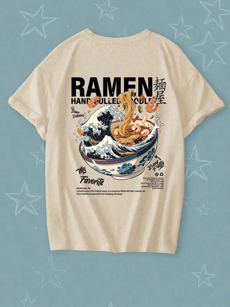 Short-Sleeved, Crew Neck T-Shirt With A Ramen Print, A  And Versatile Style, Suitable For Women, White. Crew Neck, 100% Cotton, Soft Fabric, Short Sleeves, Breathable And Cool. - Quả mơ - Xem 3