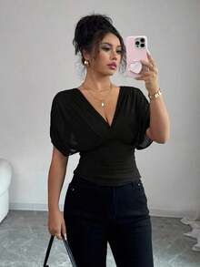 Camiseta con manga de hombro fruncida, elástica, de tela con forro de malla elegante para vacaciones, playa y uso casual, de estilo romántico francés, con dobladillo con volantes, adecuada para uso al aire libre y para el día a día, para primavera/verano - Negro - Ver 6
