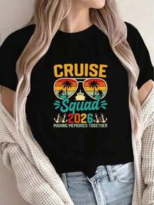 Camisetas Casuales para Mujer, Camiseta Estampada con Diseño del Equipo Cruise 2026, Camiseta Casual de Vacaciones para Mujer, Manga Corta, Cuello Redondo, Primavera Verano, Lavable a Máquina, Nueva Moda, Estilo Urbano Versátil, Estilo, Camiseta para Mujer, Estilo Y2K, Camisetas de Moda de Verano, Conjuntos y Tops Casuales de Ropa Urbana. - Negro - Ver 1