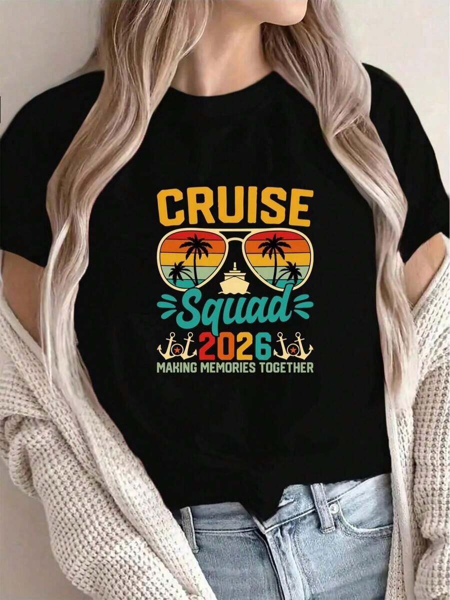 Camisetas Casuales para Mujer, Camiseta Estampada con Diseño del Equipo Cruise 2026, Camiseta Casual de Vacaciones para Mujer, Manga Corta, Cuello Redondo, Primavera Verano, Lavable a Máquina, Nueva Moda, Estilo Urbano Versátil, Estilo, Camiseta para Mujer, Estilo Y2K, Camisetas de Moda de Verano, Conjuntos y Tops Casuales de Ropa Urbana. - Negro - Ver 1