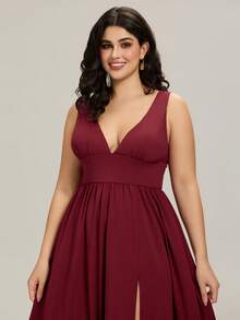 EVERPRETTY Plus Size Sexy V-Neck High Slit Sleeveless High Waist Formal Dress, Suitable For Party, Wedding Guest - Burgundy - View 5