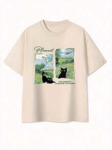 Camiseta Holgada Sencilla Mujer Estilo Moderno Camiseta gráfica de verano Y2K para mujer - Diseño "The Darkest is Before the Dawn" con gato y cielo, corte holgado, cuello redondo, top casual y versátil, ropa informal. |     Estampado Divertido |     Ajuste cómodo, regalos para amantes de los gatos.100% algodón.Camiseta Mujer Estampado Gráfico  Verano 2026 - Albaricoque - Ver 3