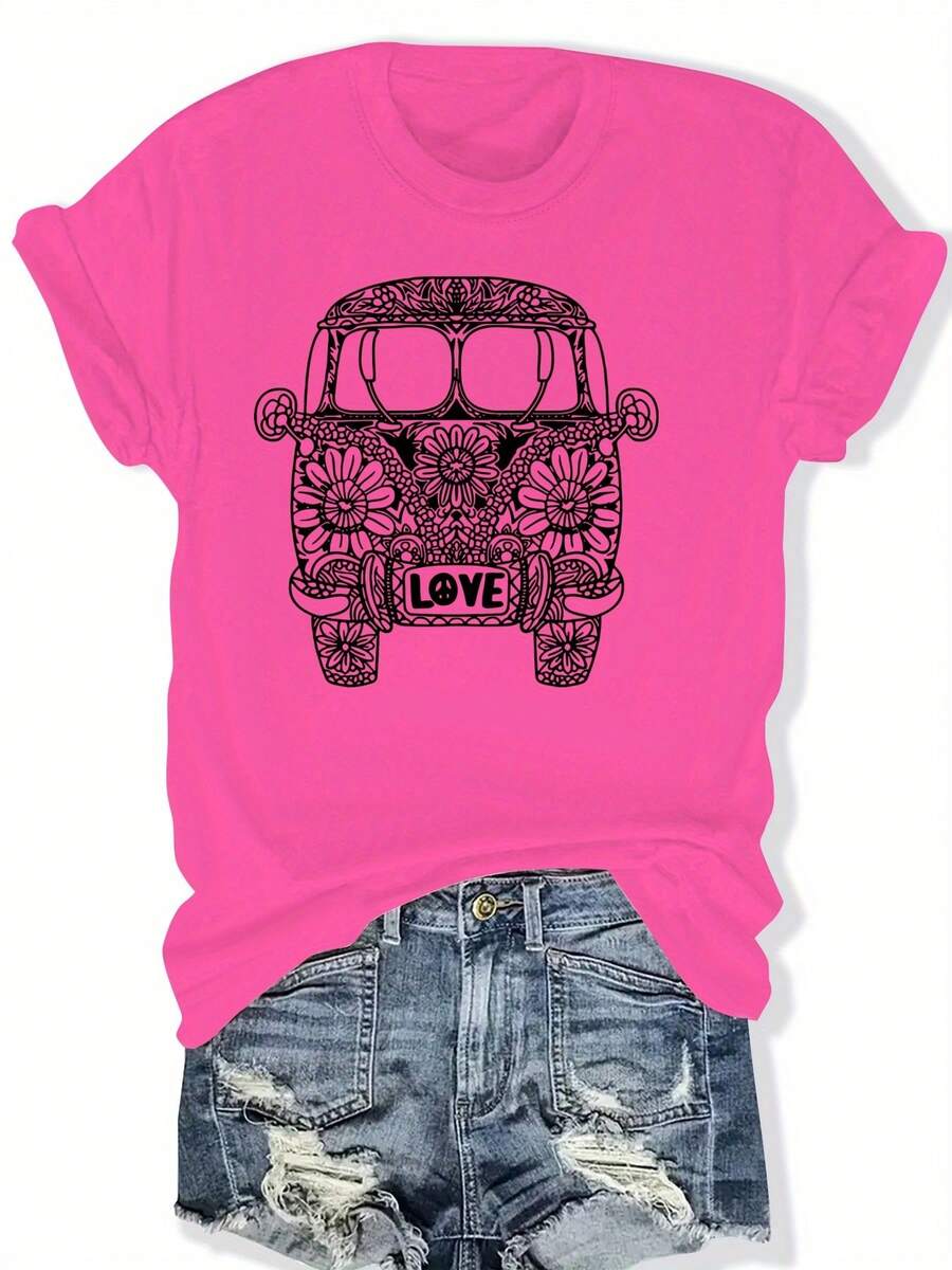 Camiseta estampada de diseño de nicho estilo , de manga corta y talla grande, top versátil para la calle en verano, top casual de cuello redondo, corte holgado y extragrande, para verano y primavera, ropa de mujer de talla grande. - Rosa Fucsia - Ver 1