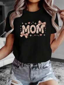 Camiseta de Mujer con Estampado de Leopardo "MOM", Lazos Rosados, Corazones y Estrellas, Diseño Tipográfico Dulce, Tops para Salir de Fiesta para Mujer - Negro - Ver 7