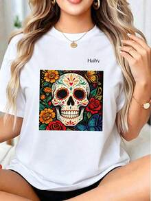 Oferta por tiempo limitado, cantidad limitada disponible,  relámpago, camisas de mujer, camisetas de mujerPlayera Blanca de Mujer con Estampado de Calavera Mexicana Floral y Mariposas, Camiseta Manga Corta Casual, Moda  Día de Muertos 2026, Ropa Ligera y Comoda para Dama, Ideal para Fiestas y Uso Diario - Blanco - Ver 4