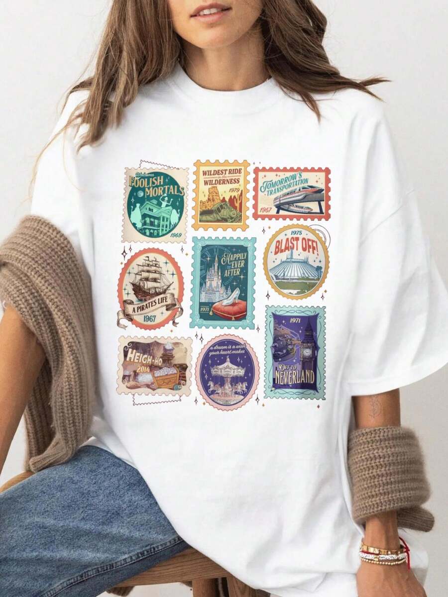 Camiseta Temática Parque Mundial, Camiseta con Estampado Castillo Mágico, Camiseta Parque de Diversiones Viaje Salvaje, Ropa Casual de Verano para Vacaciones Familiares, Ropa para Clima Cálido, Estilo Urbano, Moda de , Ropa Diaria, Ropa para Jugar al Aire Libre, Ropa de Vacaciones, Ropa de Fiesta - Blanco - Ver 1
