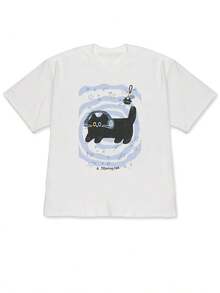 [High Quality]New Spring/Summer 2026 Short Sleeve T-Shirt With Blue And White Spiral Starry Background Illustration + Black Cat With Headphones + Small Decorative Pendant + Letter Text Combination, Cool, Cool And Cute Hand-Painted Style For Summer. - 白色 - 查看 1