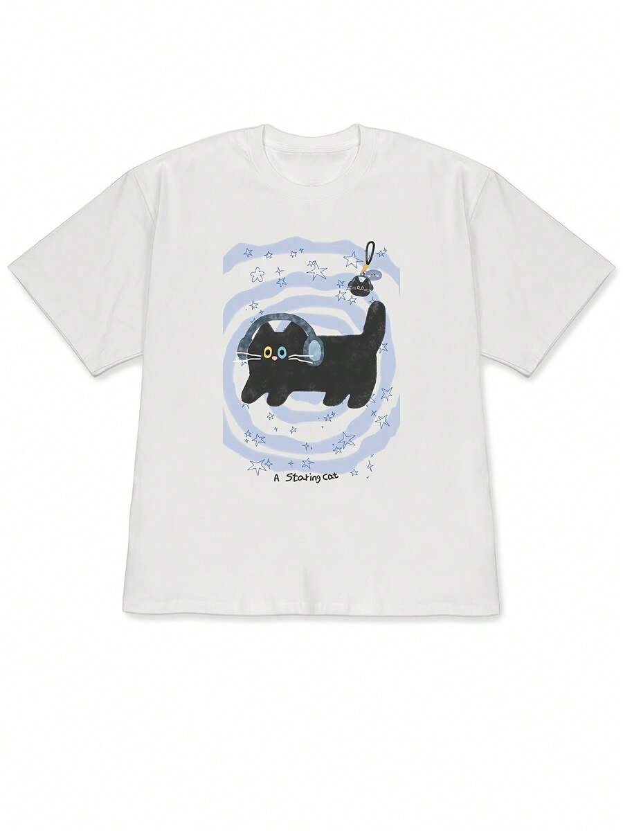 [High Quality]New Spring/Summer 2026 Short Sleeve T-Shirt With Blue And White Spiral Starry Background Illustration + Black Cat With Headphones + Small Decorative Pendant + Letter Text Combination, Cool, Cool And Cute Hand-Painted Style For Summer. - 白色 - 查看 1