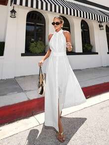 Vestido largo blanco vacacional de algodón puro, estilo halter sin mangas, espalda descubierta, diseño elegante y sexy - Blanco - Ver 2