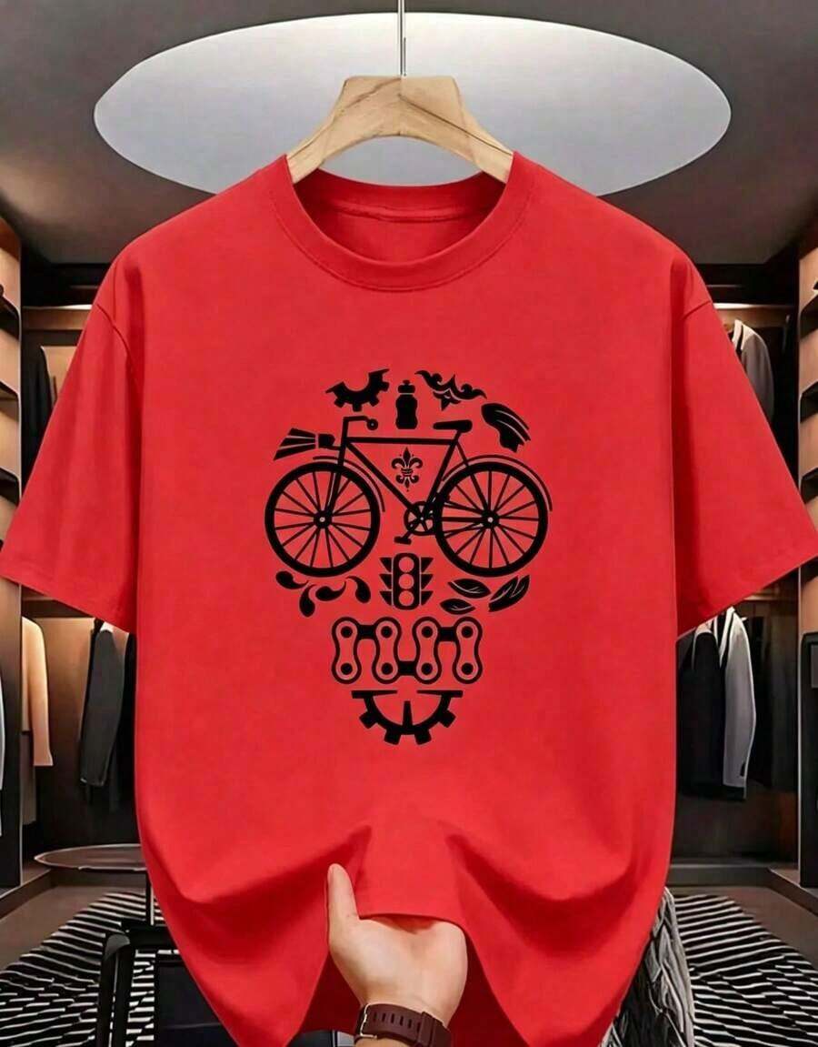 NewSummerCasualCamisetas Gráficas con Temática de Bicicletas - Camiseta de manga corta y cuello redondo para el verano, con estampados de piezas de motocicleta y calaveras, adecuada para entusiastas del ciclismo, motociclistas y para uso diario, lavable a máquina, 100% algodón.-Vintage Street Style Unisex Loose Cotton Short Sleeve Crew Neck T-Shirt - Rojo - Ver 1
