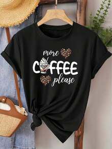 2026Camiseta de Mujer Temática de Café "Más Café Por Favor" |   Camiseta Casual de Manga Corta con Decoración de Taza de Café y Corazón de Grano de Café y Lema, Blanco-Marrón, Camiseta Diaria para Amantes del Café - Negro - Ver 7