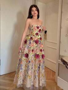 Último diseño: vestido elegante y romántico con bordado floral morado en tul, que ciñe la cintura sin mangas, adecuado para primavera y verano - Marrón - Ver 4