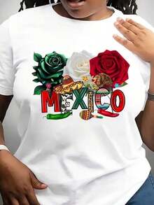 Women's Mexican Culture Graphic T-Shirt - Vibrant Rose And Chili Print With Large MEXICO Lettering, Soft Pink Crew Neck Casual Top For Summer And Spring, Machine Washable - 白色 - 查看 6