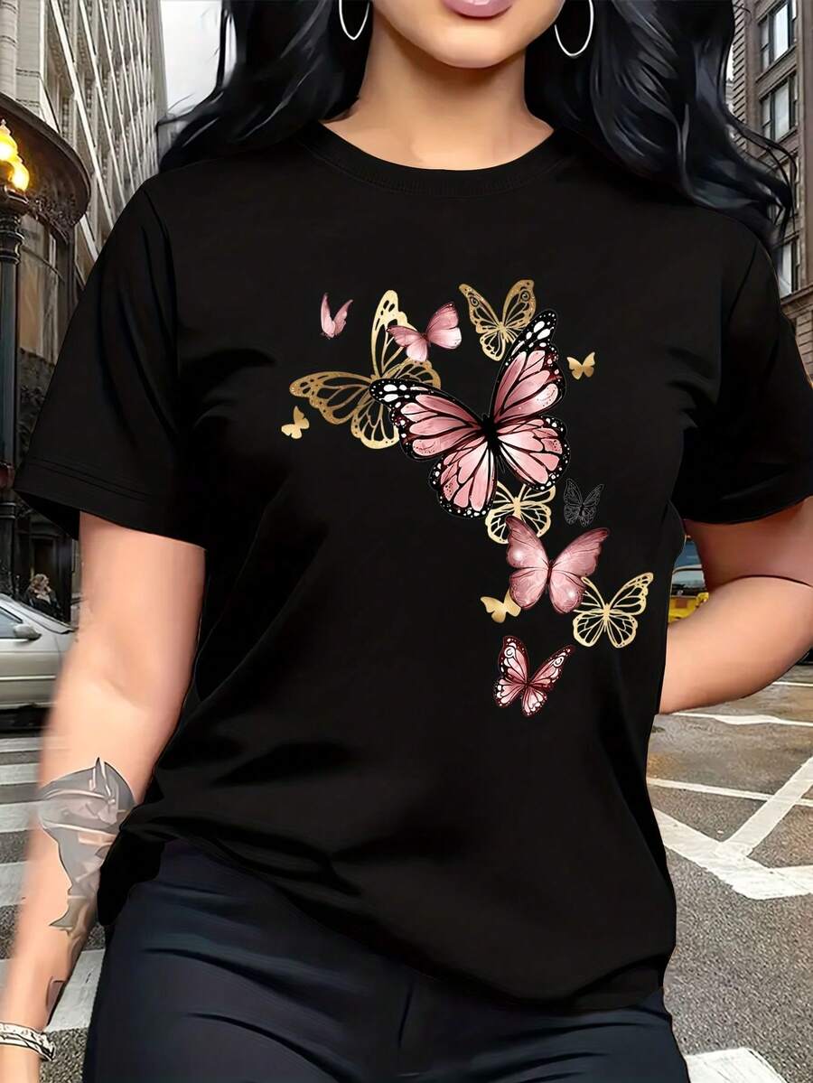Camiseta con Estampado de Mariposas Estilo Acuarela, Transpirable y a la Moda, para Viajes Familiares, Campus, Uso Casual, Viajes Diarios, Conjunto para Hermanas, Camiseta Versátil - Negro - Ver 1