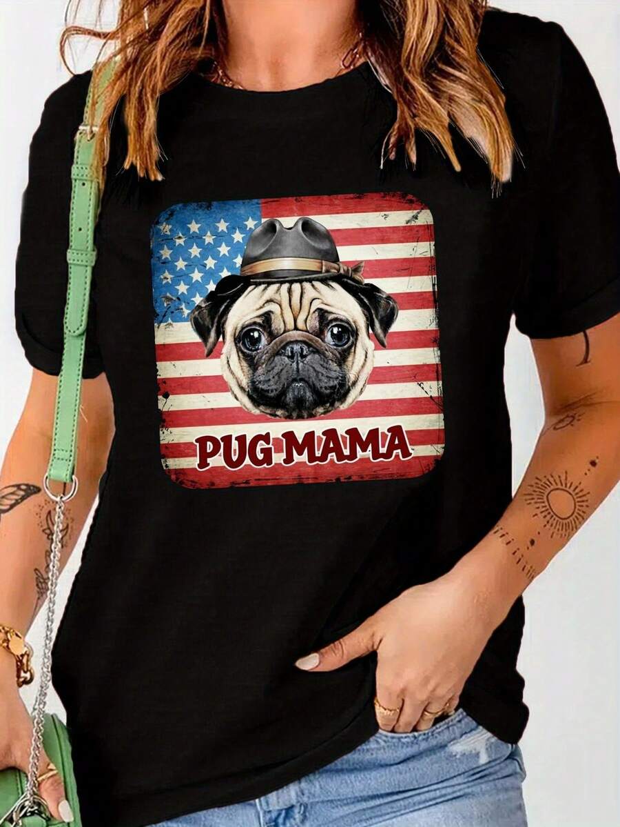 Women's "Pug Mama" Slogan T-Shirt, Western Cowboy Style, New, Summer, Versatile, Casual, Slim Fit And Short Sleeve. - 黑色 - 查看 1
