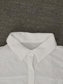 女士白色短袖纽扣衬衫裙，休闲宽松沙滩罩衫，卷边袖口带口袋束腰上衣 - 白色 - 查看 7