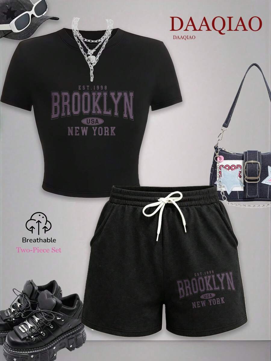 2PCS Women's 2026 Summer Stretchy Crop Top & Cotton Shorts Set, Varsity "Brooklyn NY EST '98" Print, Elastic Waist Breathable Loungewear W/ Pockets - 黑+黑 - 查看 1