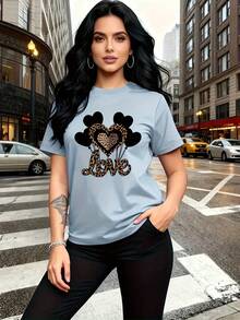 A Combination Of Wildness And Tenderness, This Black Heart-Shaped Balloon Pattern Print With Leopard Print Is Fashionable And Stylish. This Simple, Casual, Round-Neck, Short-Sleeved Women's T-Shirt Is Suitable For Activities Such As Leisure, Tourism, And Vacations. 13419 - Daily Wear, Easy To Wash And Maintain - 淺藍色 - 查看 12