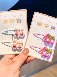 12/4/2pcs Cute Cherry Pattern Hair Clips, Sweet Girl Hair Clip Set, Adorable Plaid Bow Decor BB Clips, Suitable For Girls Daily And Party Use Hair Accessories - Multicolor - View 9