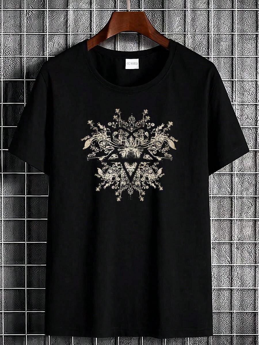 Camiseta negra HIM Band Heartagram unisex para streetwear, con un dise?o complejo de corazón y flecha - Transpirable y suave, cuello redondo, manga corta, conjunto casual, ligeramente elástica para qu - Negro - Ver 1