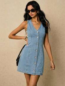 Vestido vaquero informal y de moda con botones delanteros y sin mangas para mujeres - Lavado ligero - Ver 1