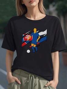 Figura de futbolista en movimiento con fondo de bandera eslovaca que simboliza pasión deporte y fuerza nacional camiseta para mujer 100% algodón de ajuste cómodo y moderno - Negro - Ver 6