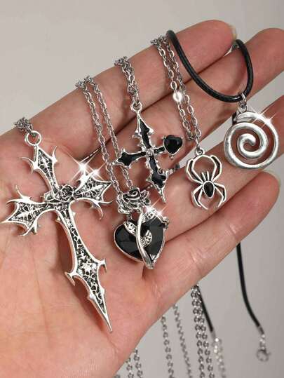 Bộ 5 mặt dây chuyền kiểu Gothic cổ điển dành cho nữ, gồm hình Thánh giá, Hoa hồng gai, Trái tim, Thánh giá tan chảy, Ngôi sao, Đàn guitar, Nốt nhạc, Nhện đính đá, và Hình xoắn ốc.
