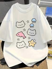 Comfortable Print. Women's Casual,  Spring/Summer Top With An Off-The-Shoulder Design. This Short-Sleeved T-Shirt Features A Fun And Cute Cartoon Print Of A Cat, Dolphin, Jellyfish, And Starfish. Comfortable And Soft Against The Skin, It's Perfect For Everyday Wear. A Simple And Casual Summer T-Shirt. - 白色 - 查看 1