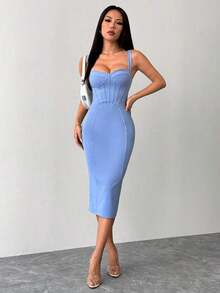 Vestido midi ajustado y entallado con parte trasera dividida, copa de busto y cadera azul - Azul - Ver 5