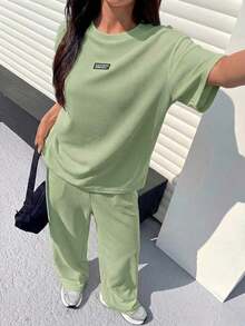 Conjunto informal de camiseta holgada y pantalones con textura mostaza para mujer - Verde Oliva - Ver 3