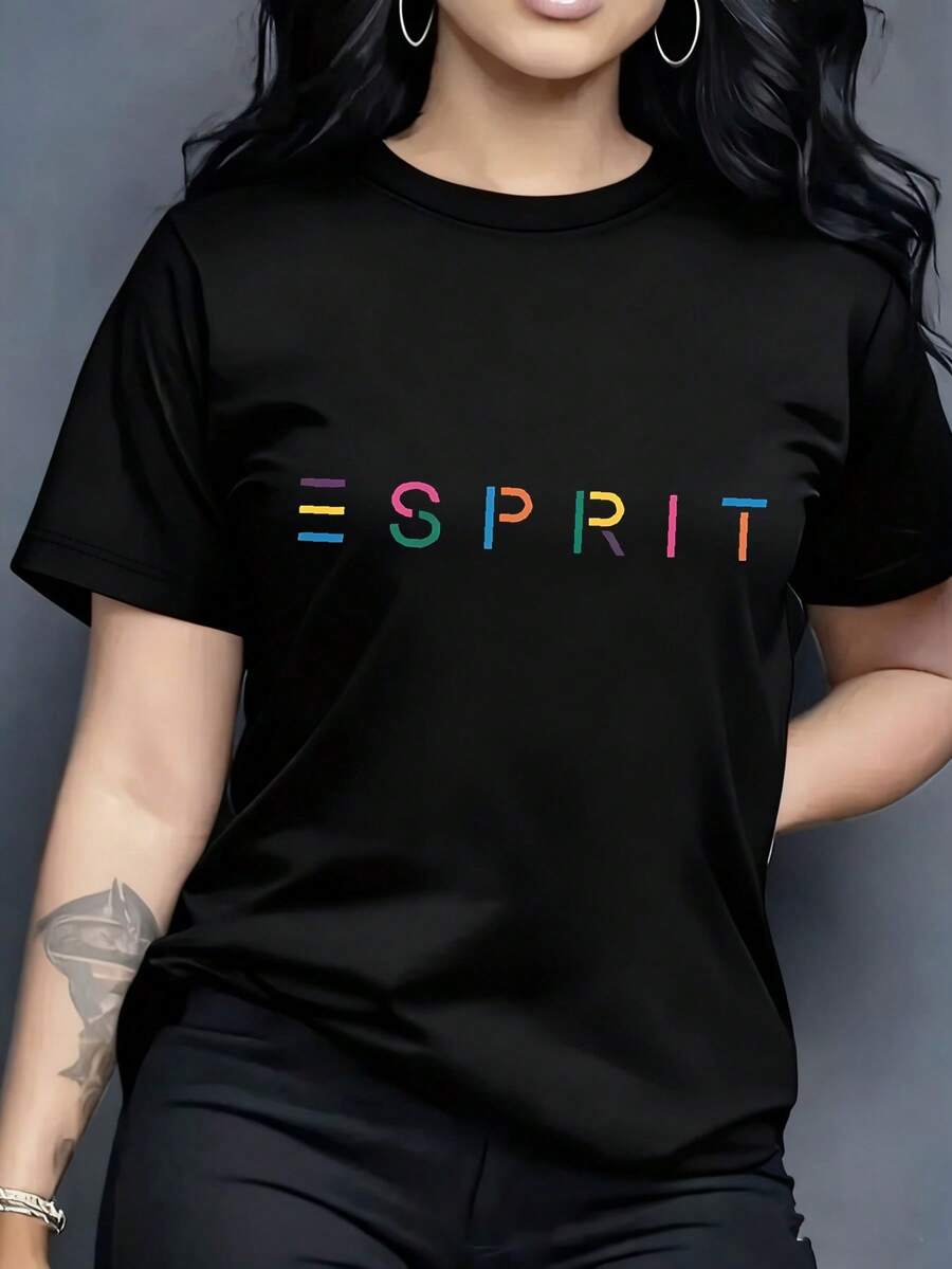 Women's fashionable T-shirt, featuring the "Mighty Man from and " pattern print, made of 100% pure cotton with a round neck and short sleeves. It is comfortable and breathable, casual and elegant, a must-have for summer. - Negro - Ver 1