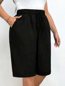 Pantalones cortos holgados de lino de talla grande para mujer, de unicolor, con bolsillo y lazo en la cintura, pantalones cortos anchos y de pierna ancha, pantalones cortos modestos para vacaciones y verano, color negro - Negro - Ver 4