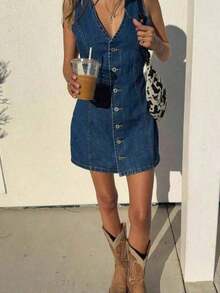 1Women's Spring/Summer Denim Dress: Button-Front, Back Waist Tie, Vintage-Style Fashion Dress - 藍色 - 查看 10