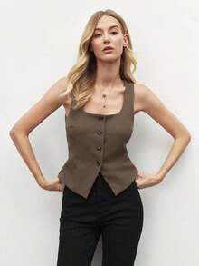 Blusa de un solo pecho de unicolor, versátil y casual para uso diario - Marrón - Ver 7