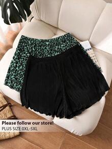 Shorts plisados de talla grande de verano con estampado de leopardo y unicolor - Multicolor 3 - Ver 8