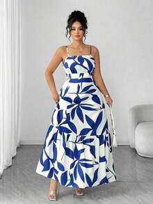 Vestido elegante de mujer talla grande con tirantes finos, cintura fruncida y diseño evasé, con estampado de hojas de dos colores, diseño evasé estilizador, elegante y sofisticado, adecuado para volver al colegio, graduación, San Valentín, festiva - Morado - Ver 8