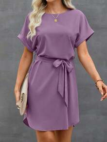Vestido de mujer de manga corta tipo murciélago con cuello redondo y cintura torcida de unicolor - Morado - Ver 6