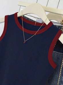 Blusa de verano de talla grande para mujer, de estilo casual con bloques de color y patchwork - Azul - Ver 4