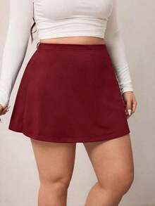 Falda corta casual de línea A de unicolor negro básico para mujer de talla grande, amigable con las curvas del Body redondeado, para el invierno, para la figura de Body redondeado tipo manzana - Burdeos - Ver 5
