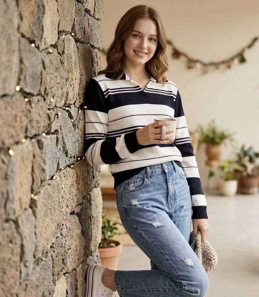 Striped Long-Sleeved Knit Shirt - Negro - Ver 1