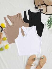 Top Sin Mangas De Punto Acanalado Con Hombro Cortado Sólido Para Verano - Multicolor - Ver 8