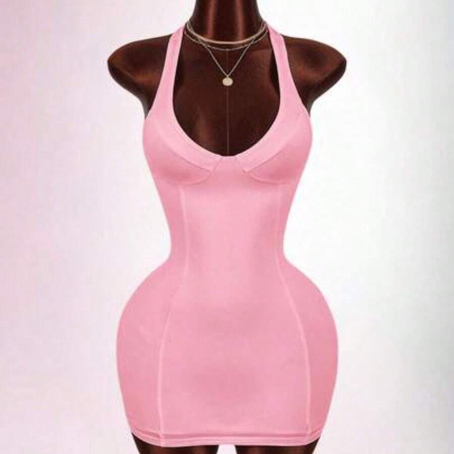 Y2K Sexy Women's Solid Color Deep V-Neck Sexy Backless Mini Dress Summer Dresses For Women Spring Outfit Women Valentine Outfits For Women Party Dress Racerback Open Backless Sleeveless V-Neck Heart-Shaped Bust Mini Bodycon Dress Sexy Curve Dress White Sexy Dress Women Built In Bra Dress White Club Dress White Bodycon Dress - Rosa - Ver 1