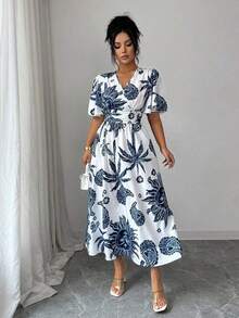 Vestido midi elegante con cuello en V cruzado, de manga corta y estampado de lunares para mujer - Azul y blanco - Ver 7